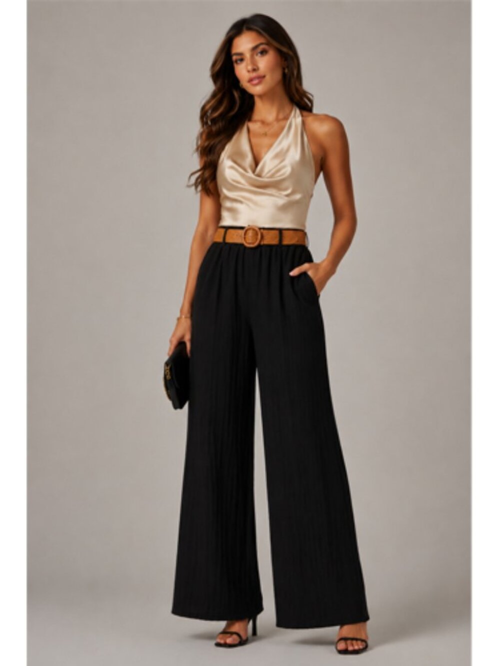 Black Linen Pleated Pants with Woven Rattan Stretch Belt